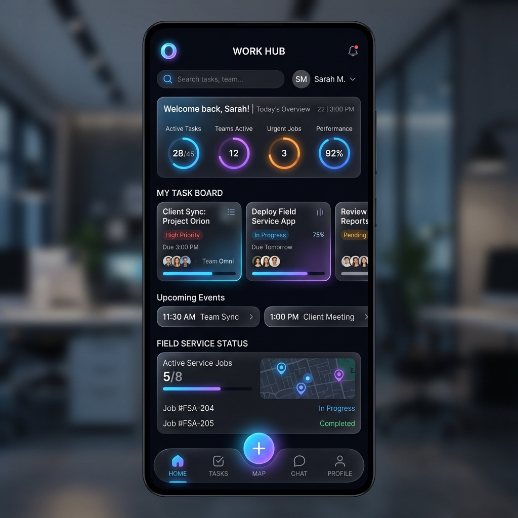Premium mobile enterprise workflow app dashboard screenshot on dark mockup