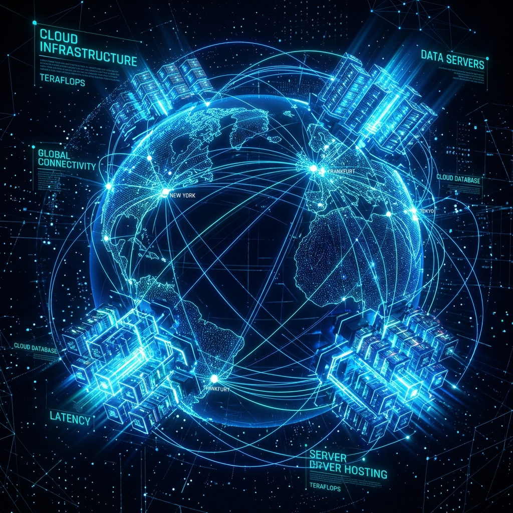 Futuristic 3D global cloud network infrastructure diagram visualization