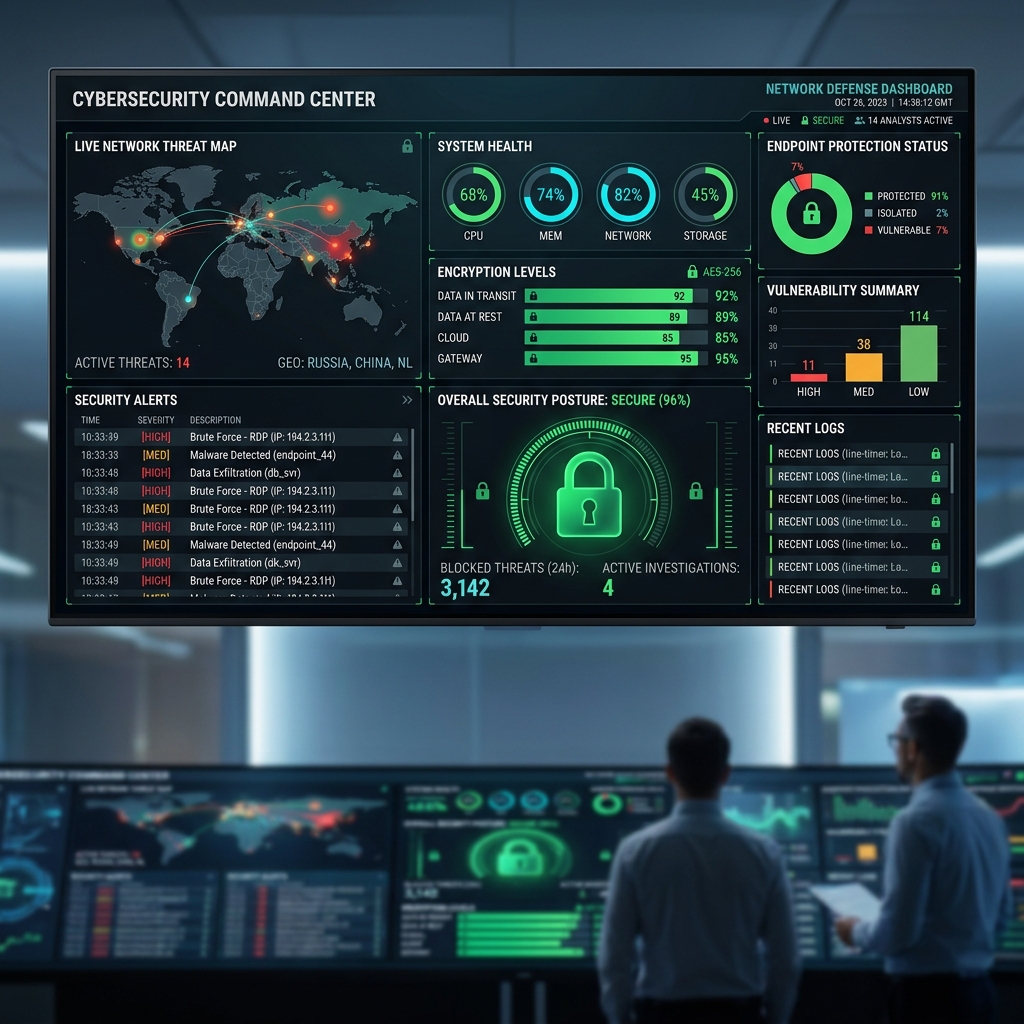 Cybersecurity command center defense network dashboard displaying alerts and system status